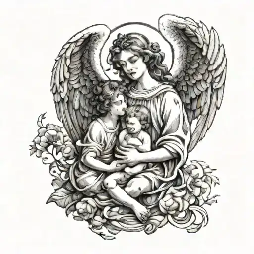 A beautiful angel holding a baby fetus in heaven, surrounded by two young boys playing happily tattoo design idea