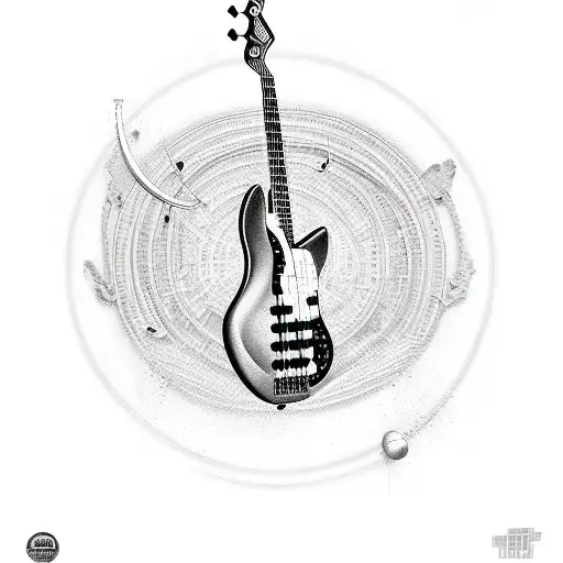 electric bass, Derek text, musical notes tattoo design idea