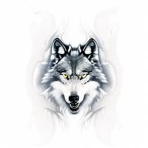 Angrie black Wolf, big teeth, viking axes tattoo design idea