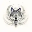 Angrie black Wolf, big teeth, viking axes tattoo design idea