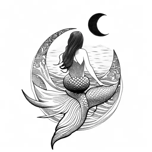 beautiful mermaid looking at the moon  sitting on rock tattoo design idea