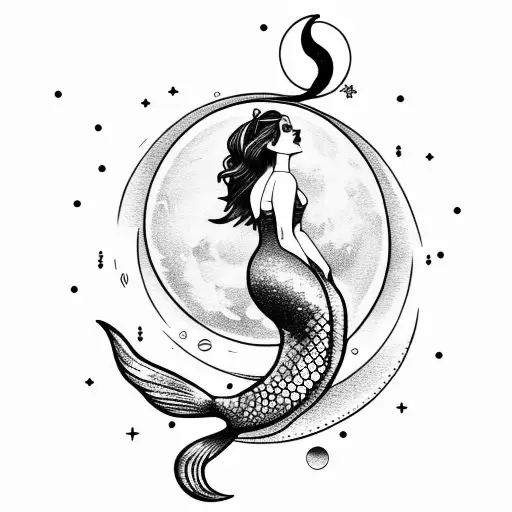 beautiful mermaid looking at the moon sitting on rock   tattoo design idea