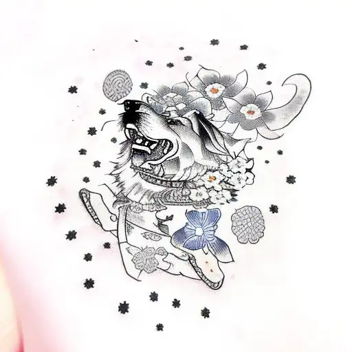 samurai dog with  flowers , stars , spaceship  tattoo design idea