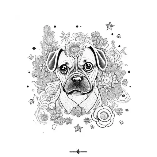 dog with  flowers , stars , spaceship  tattoo design idea