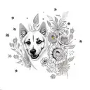 dog with  flowers , stars , spaceship  tattoo design idea