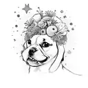 dog with  flowers , stars , spaceship  tattoo design idea