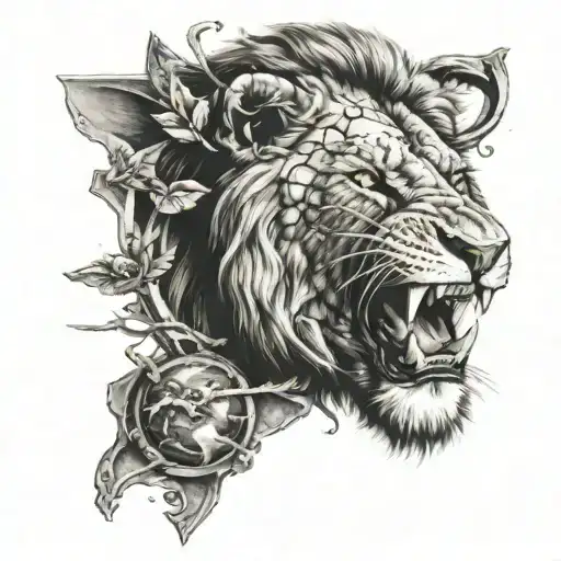 lion face eating planet earth tattoo design idea