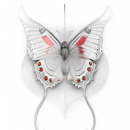 A realistic depiction of a red butterfly with the name Tre written in elegant calligraphy as part of its body tattoo design idea