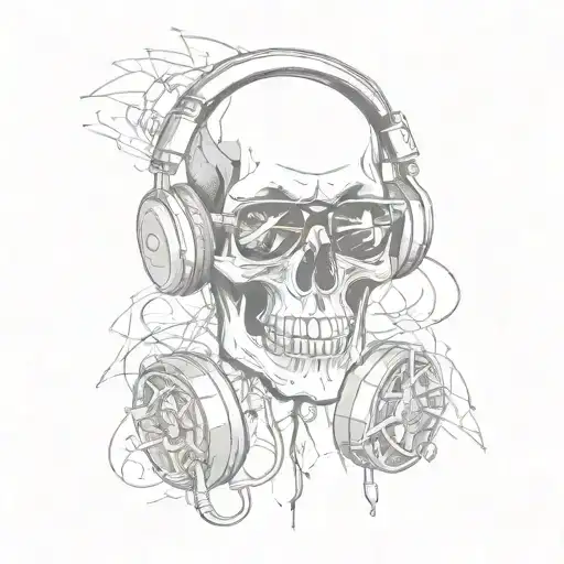 A skull wearing headphones and sunglasses with trap music notes as tattoos tattoo design idea