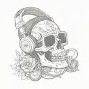 A skull wearing headphones and sunglasses with trap music notes as tattoos tattoo design idea