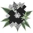 A geometric pattern of marijuana leaves forming a speaker blasting hip-hop beats tattoo design idea