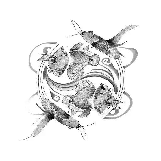 2 koi fish swimming in ying and yang  in the middle a small futterfly  tattoo design idea