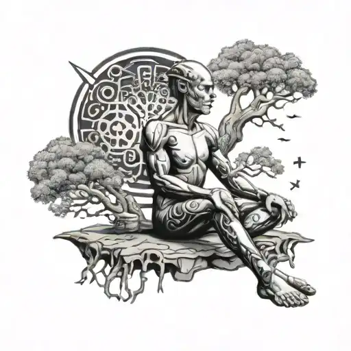 An AI cyborg meditating under a tree with alien symbols floating around tattoo design idea