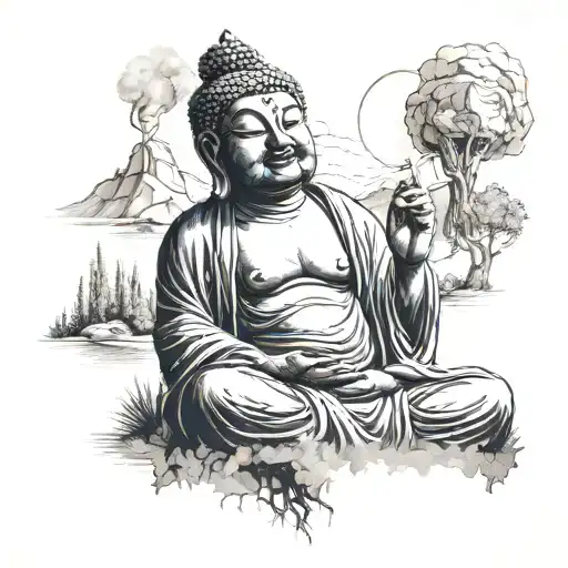 A sarcastic Buddha smoking a joint in front of a serene Yosemite landscape tattoo design idea