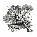 An AI cyborg meditating under a tree with alien symbols floating around tattoo design idea