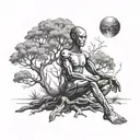 An AI cyborg meditating under a tree with alien symbols floating around tattoo design idea