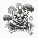 An AI cyborg meditating under a tree with alien symbols floating around tattoo design idea