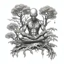 An AI cyborg meditating under a tree with alien symbols floating around tattoo design idea