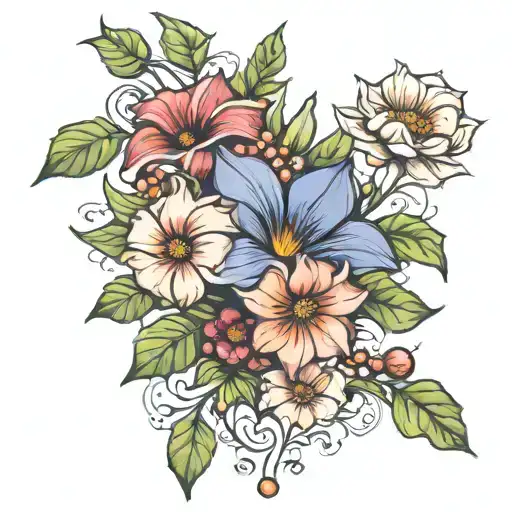 morning glory, cosmos, holly berry flower bouquet  tattoo design idea
