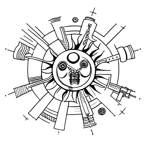 Tattoo design on paper of a sun made up of components world war two German artillery, war hammer 4000 tattoo design idea