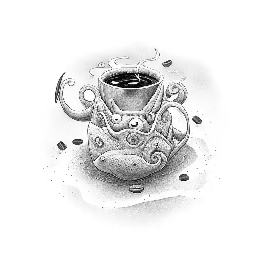 A coffee cup morphing into a sea creature tattoo design idea