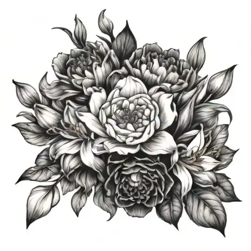 bouquet with violet flower, Iris flower, Snow Drop flower, Water Lily flower, Peony flower, and Gladiolus Flower tattoo design idea