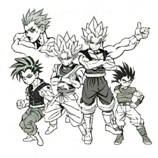Hisoka from hxh, Asta from Black Clover, Vegeta from DBZ, Rock Lee from Naruto and Chifuyuu from Tokyo Revengers. tattoo design idea