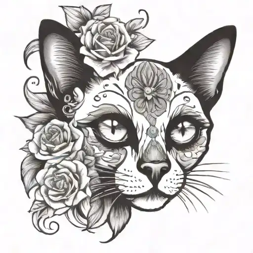 sugar skull  siamese cat tattoo design idea
