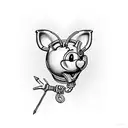 An incomplete heart and the missing part is two paws and there is the letter M in cursive incorporated tattoo design idea