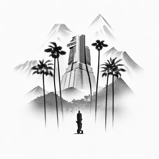 A black-grey tattoo featuring the iconic Hollywood sign surrounded by palm trees and martial arts poses tattoo design idea
