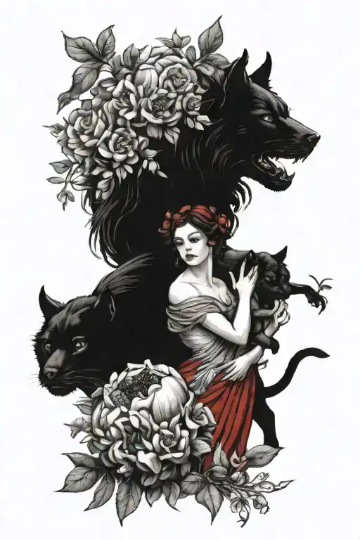 persephone and cerberus with a pomegranate tattoo design idea