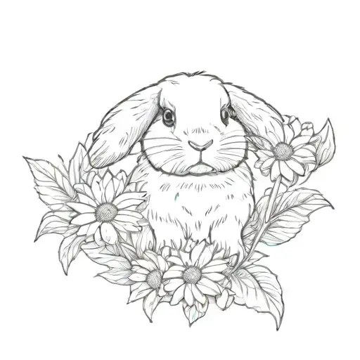 holland lop rabbit holding daisy flower tattoo design idea