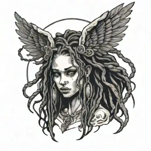 black angel with dreads woman face tattoo design idea