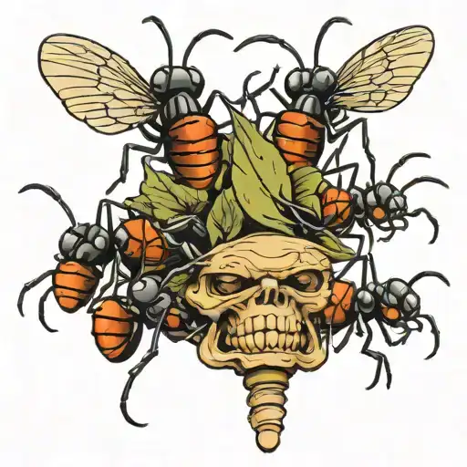 ants marching with a mouthpiece hanging out of mouth tattoo design idea