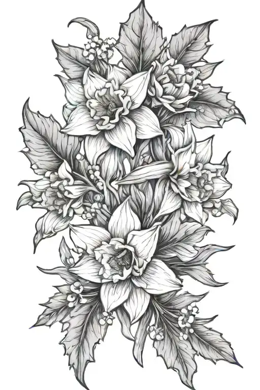 narcissus and holly flowers wrapped tattoo design idea