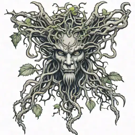 Intertwine twisted roots and thorny vines around the chains, adorned with dark, sinister eyes peering out from the foliage, symbolizing the deep-rooted struggles and the ever-present life temptation of the darkness within Sean. The roots and vines should be intricately detailed, with subtle textures and shading to create a lifelike appearance. Tattoo full arm length tattoo design idea