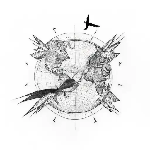 A minimalist tattoo of a family of birds flying over a world map, symbolizing your love for family and travel tattoo design idea
