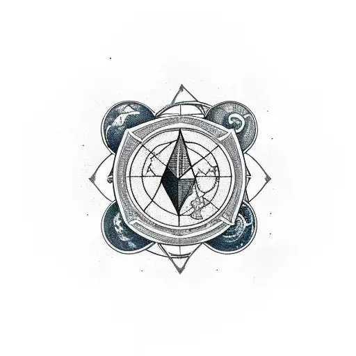 Penrose triangle as the central focal point, surround by a world map in an azimuthal projection.  tattoo design idea