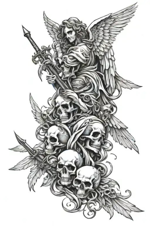 angels and skulls representing dark periods tattoo design idea