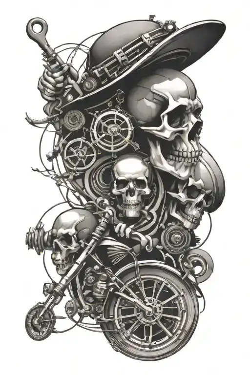A geometric pattern incorporating elements of music, biking, and skulls, creating a unique and symbolic tattoo design tattoo design idea