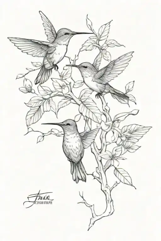 full forearm tattoo hummingbirds and tree black and white tattoo design idea