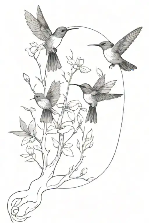 full forearm tattoo hummingbirds and a tree black and white tattoo design idea