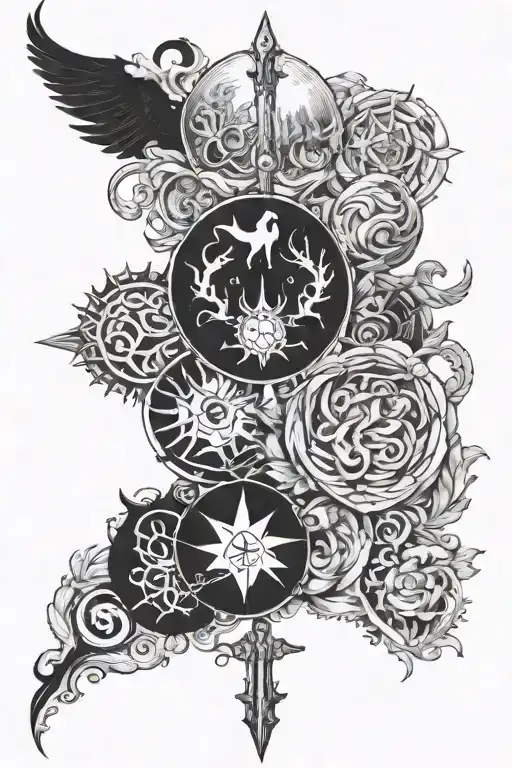 7 deadly sins vs 7 heavenly virtues tattoo design idea