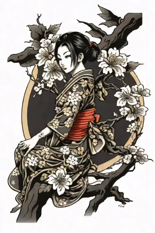 japanese girl, sakura tree tattoo design idea