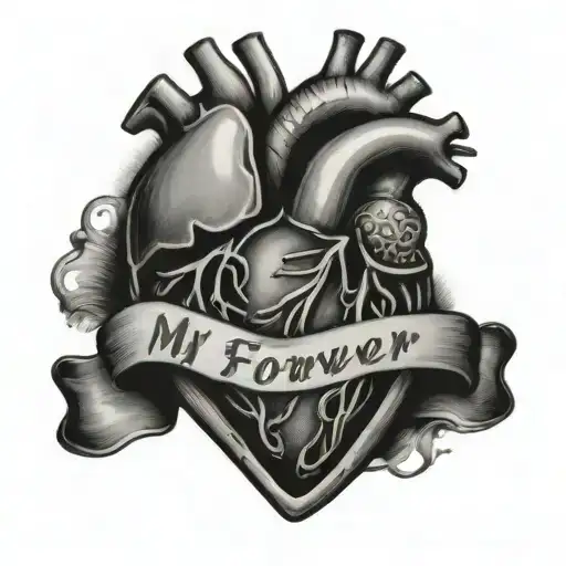 realistic heart with bands that say My Forever and My Always tattoo design idea