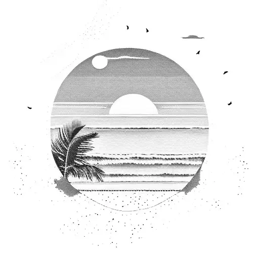 A serene sunset beach scene with palm trees and crashing waves tattoo design idea