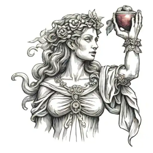 Upper arm sleeve with Medusa at the top and a statue version of Persephone below with her hand raised holding a pomegran tattoo design idea