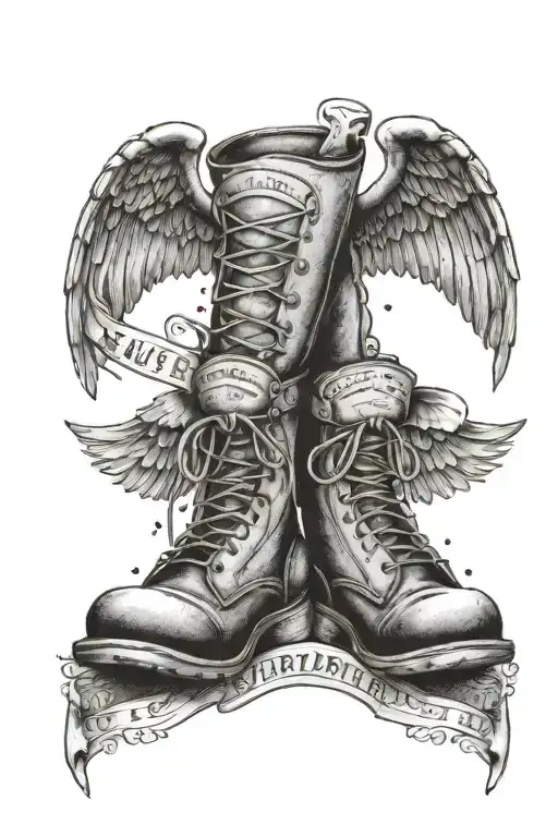 A pair of combat boots with wings and a banner that says 'Never Surrender' tattoo design idea