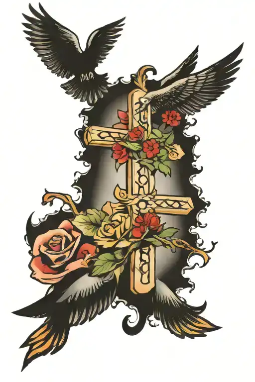 cross with 5 birds flying above it and the words JOSHUA 1:9 somewhere  tattoo design idea