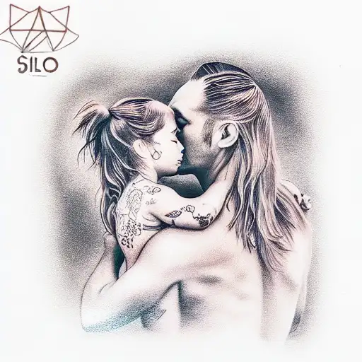 daddy and daughter silluet on the sunset  tattoo design idea